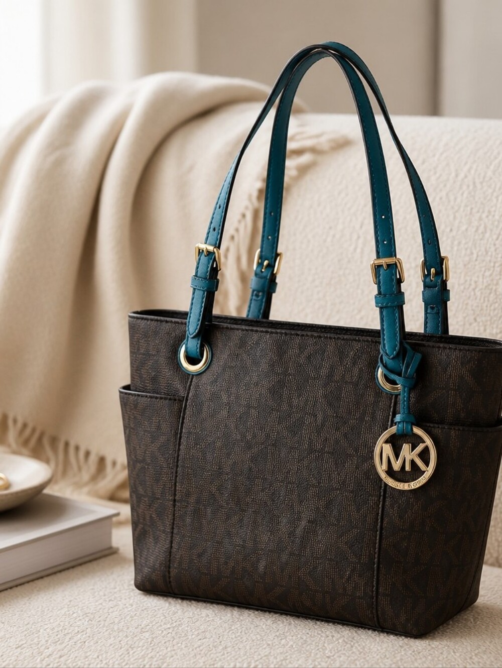 Michael Kors Brown Logo Tote with Teal Handles and Gold MK Charm EUC